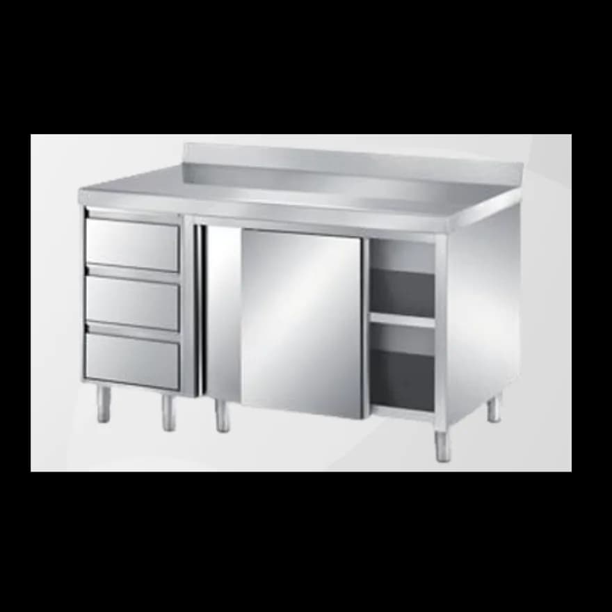 Stainless steel commercial worktable with drawers and cabinets